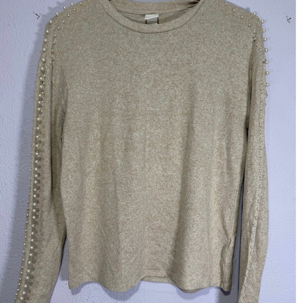 H&M Sweater Pullover Pearl Beaded Sleeve Soft Chic Quiet Luxury Oatmeal Womens S